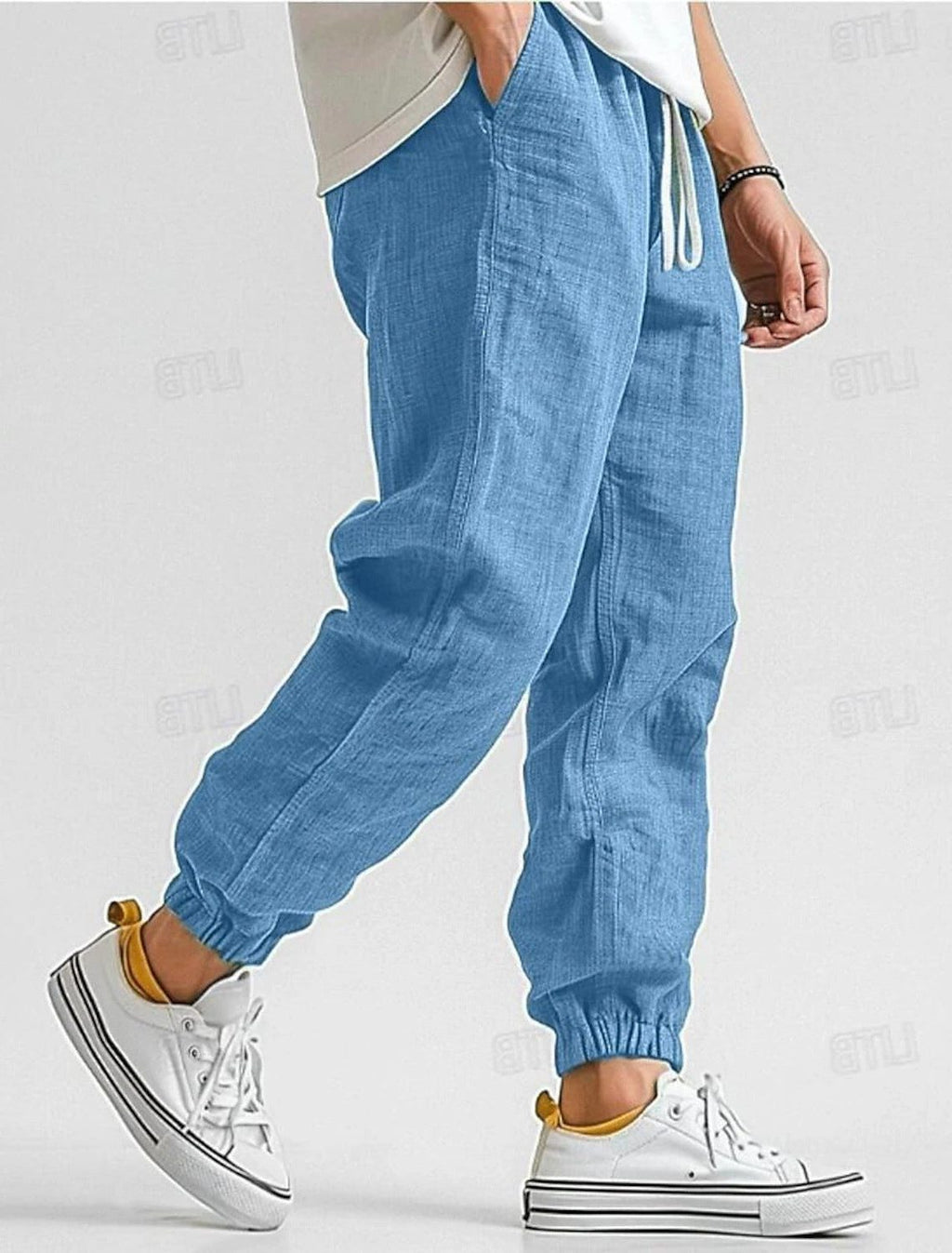 Linen Jogger Trousers with Elastic Waist for Men