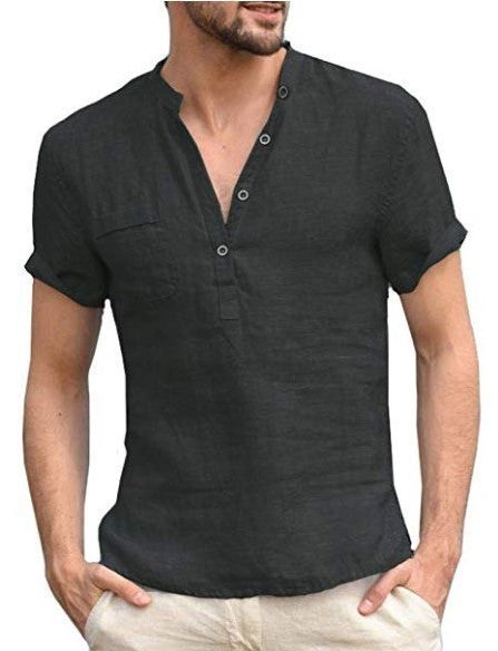 Linen Short Sleeve Henley Shirt for Men