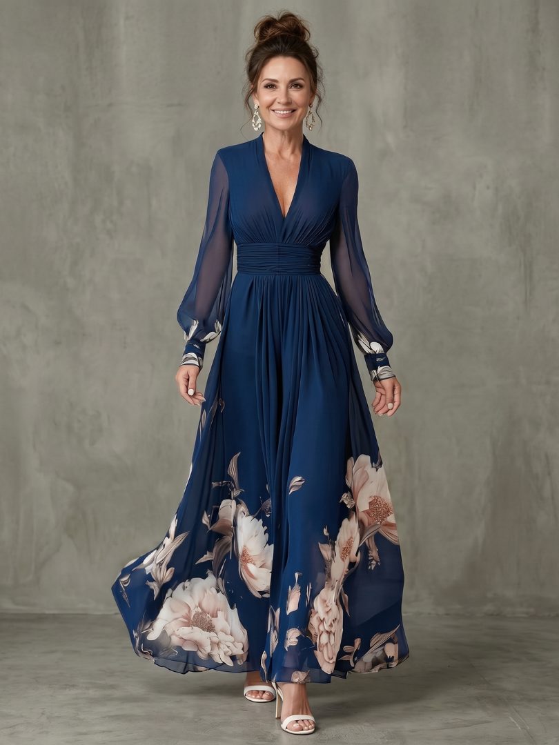 Liselle | Floral Maxi Winter Wedding Guest Dress with V-Neck and Long Sleeves for Women