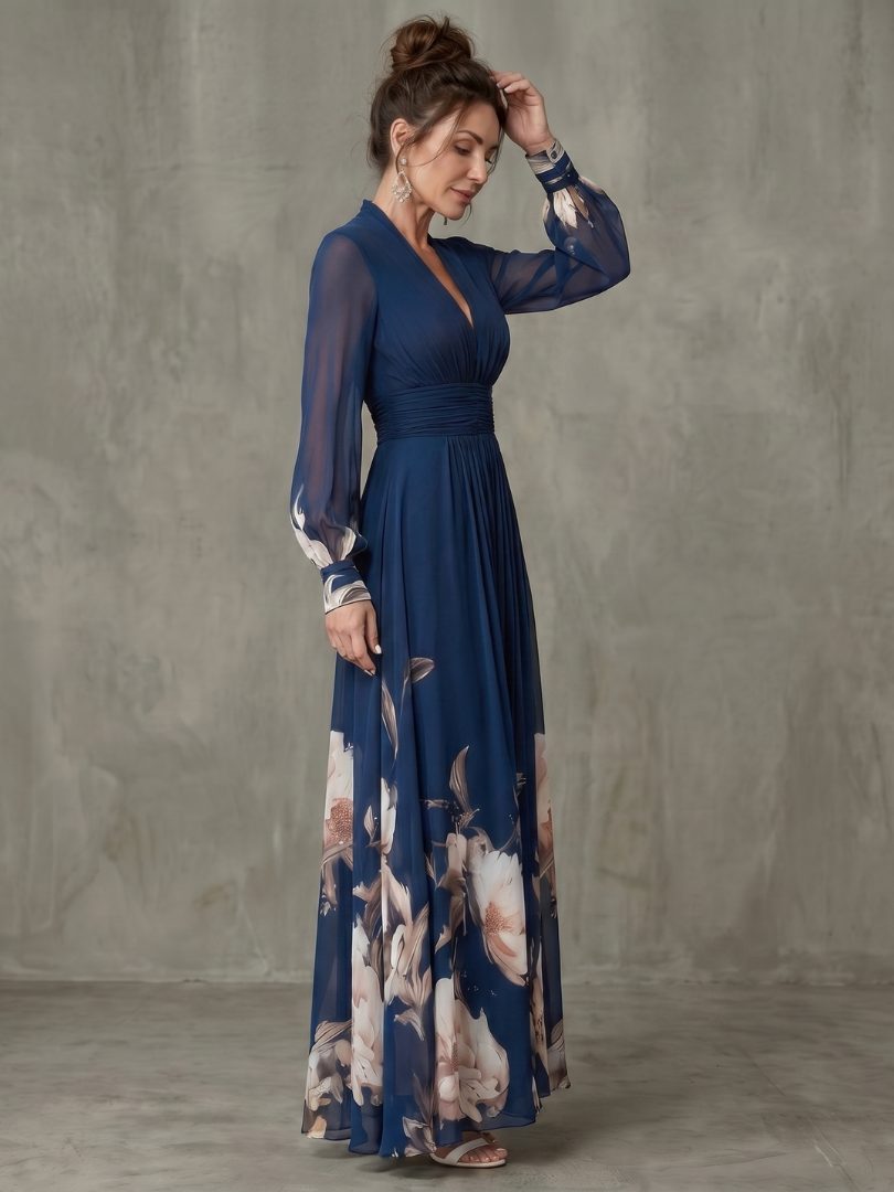Liselle | Floral Maxi Winter Wedding Guest Dress with V-Neck and Long Sleeves for Women