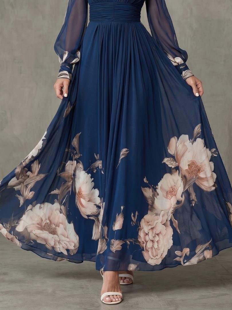 Liselle | Floral Maxi Winter Wedding Guest Dress with V-Neck and Long Sleeves for Women