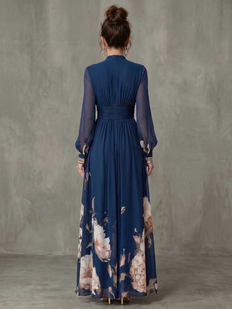 Liselle | Floral Maxi Winter Wedding Guest Dress with V-Neck and Long Sleeves for Women