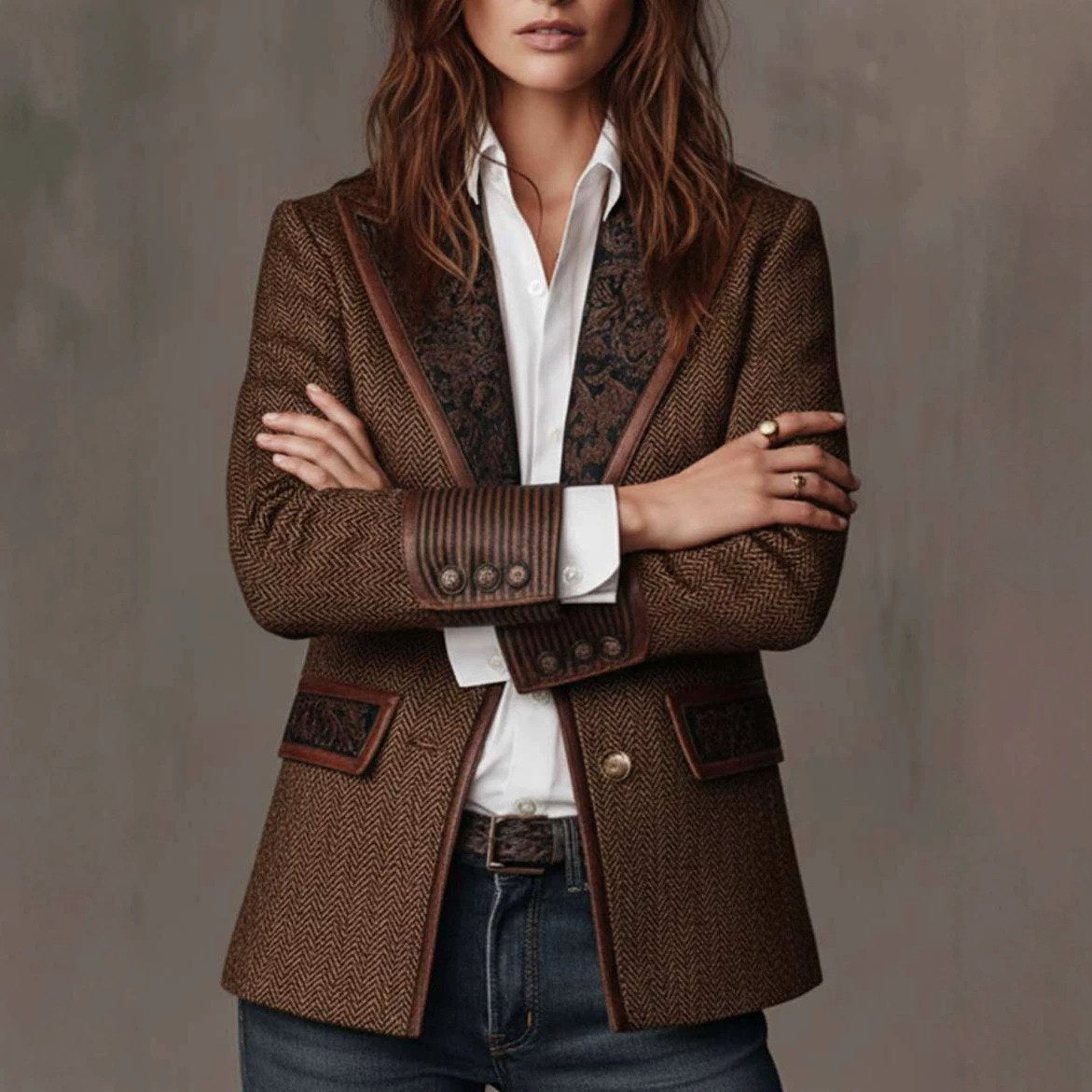 Lola - Women's Herringbone Paisley Lapel French Vintage Blazer
