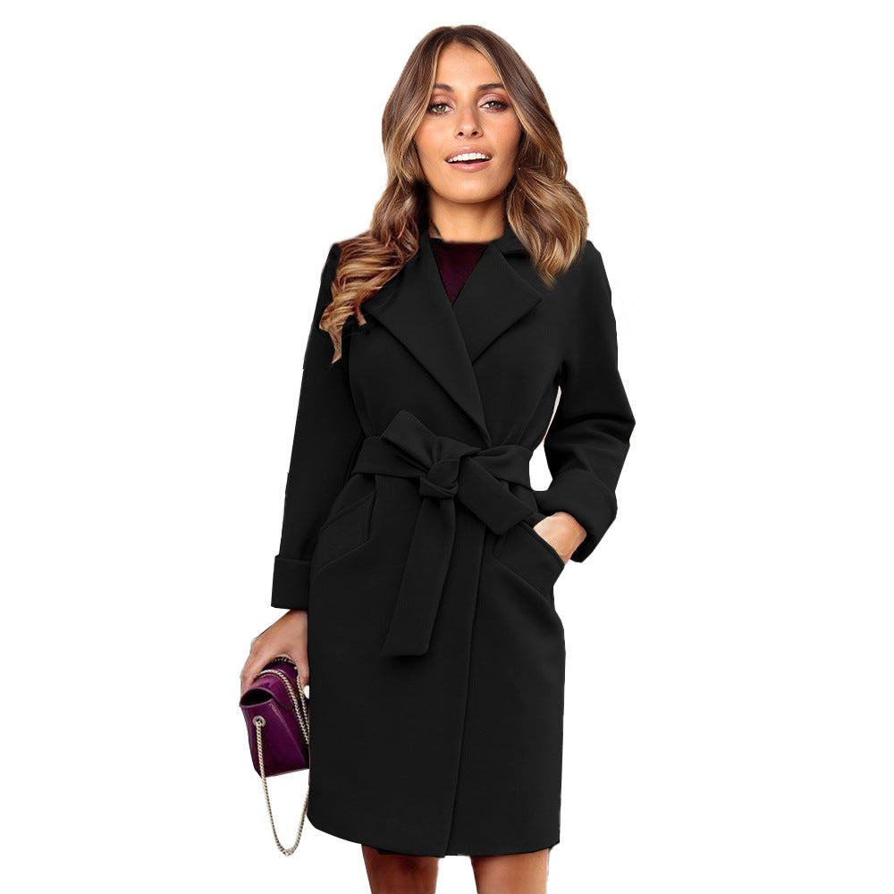 Women's Belted Wrap Coat with Wide Lapel Collar