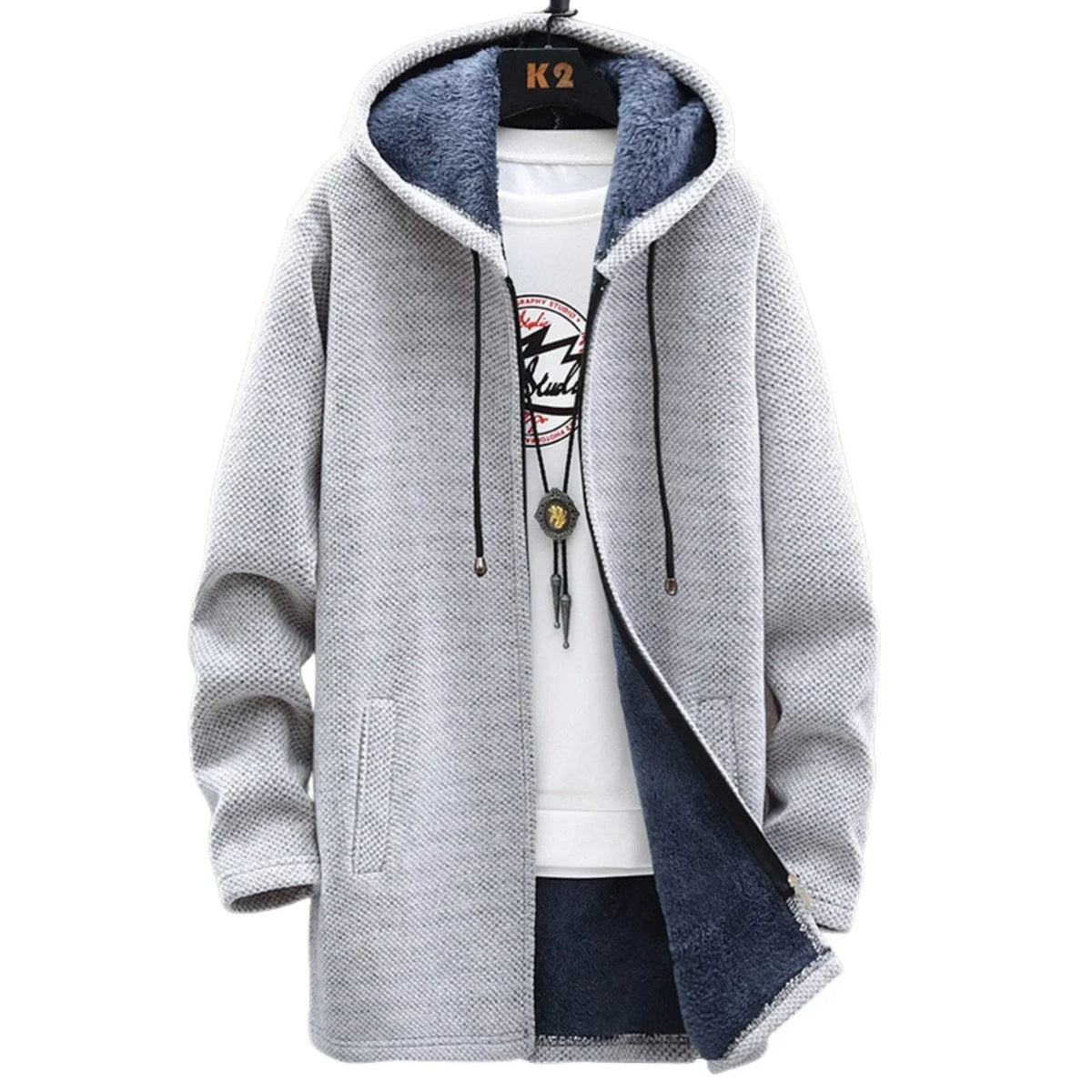 Women's knit zip-up hooded cardigan with sherpa lining