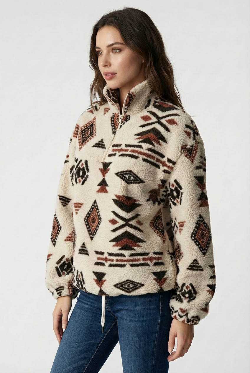 Women's Geometric Fleece Half-Zip Sweatshirt, High Neck