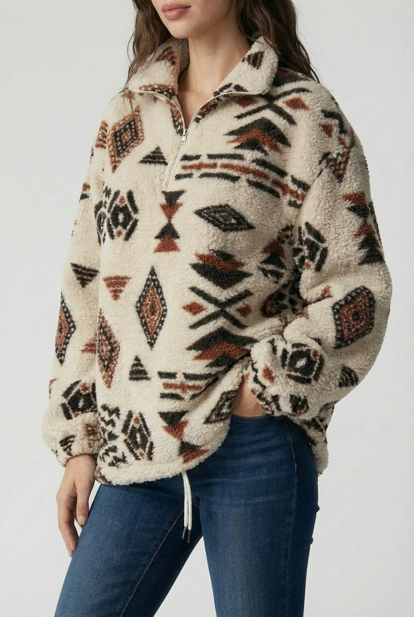 Women's Geometric Fleece Half-Zip Sweatshirt, High Neck