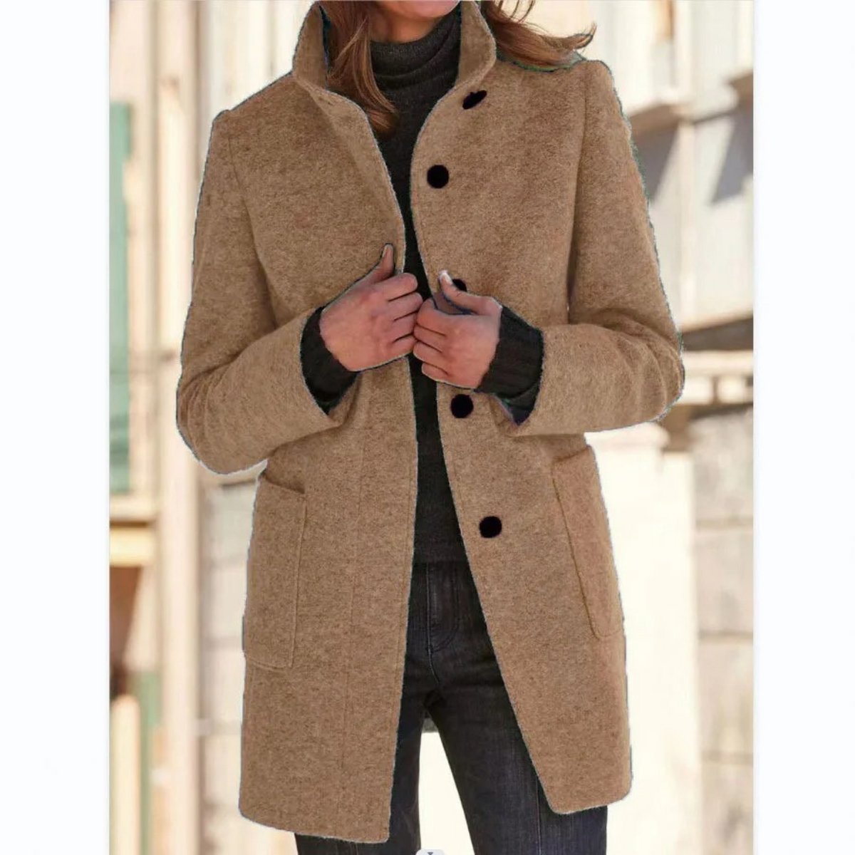 Women's Button Front Mid-Length Coat, High Collar, Long Sleeves