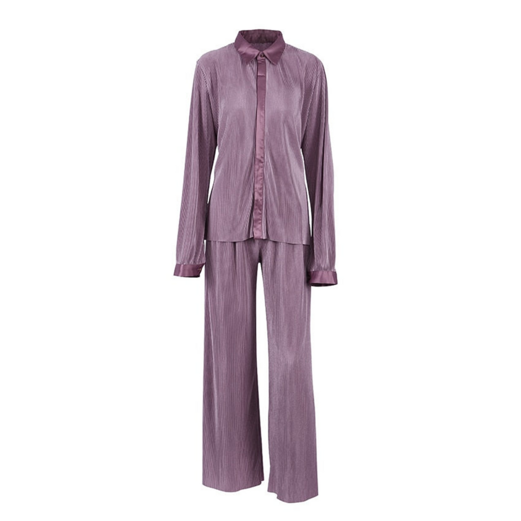 Women's Collared Button-Front Lounge Set with Wide Leg Pants