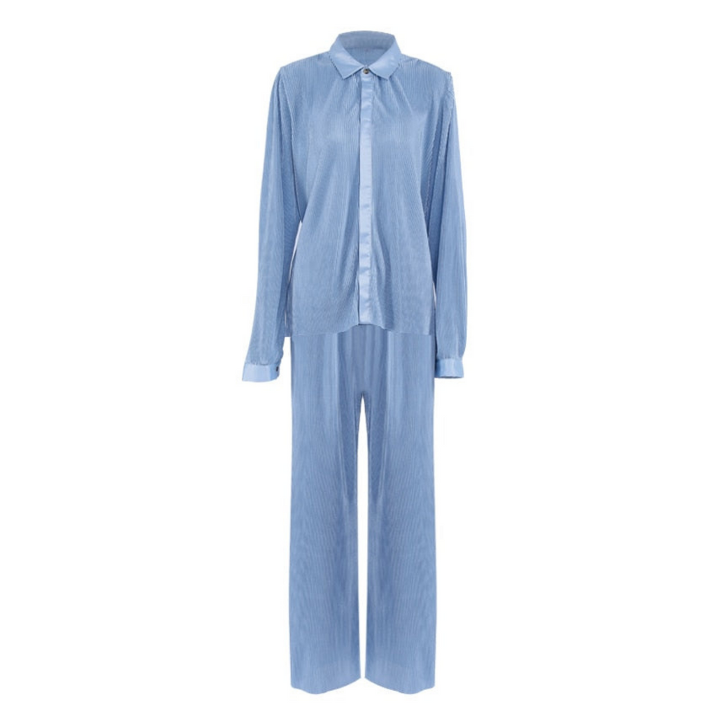 Women's Collared Button-Front Lounge Set with Wide Leg Pants