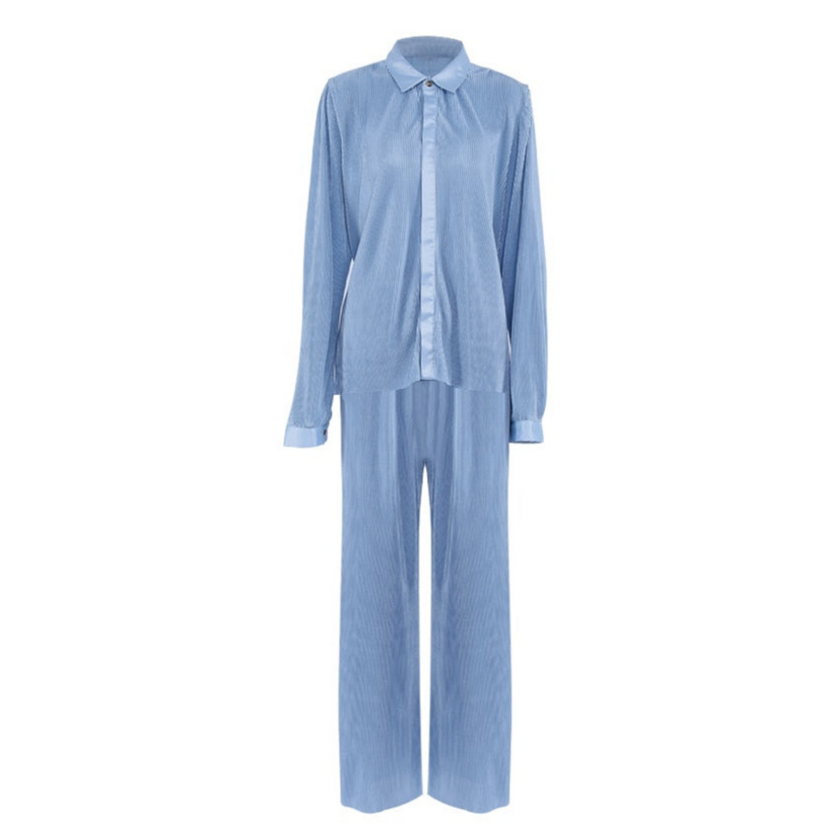 Women's Collared Button-Front Lounge Set with Wide Leg Pants