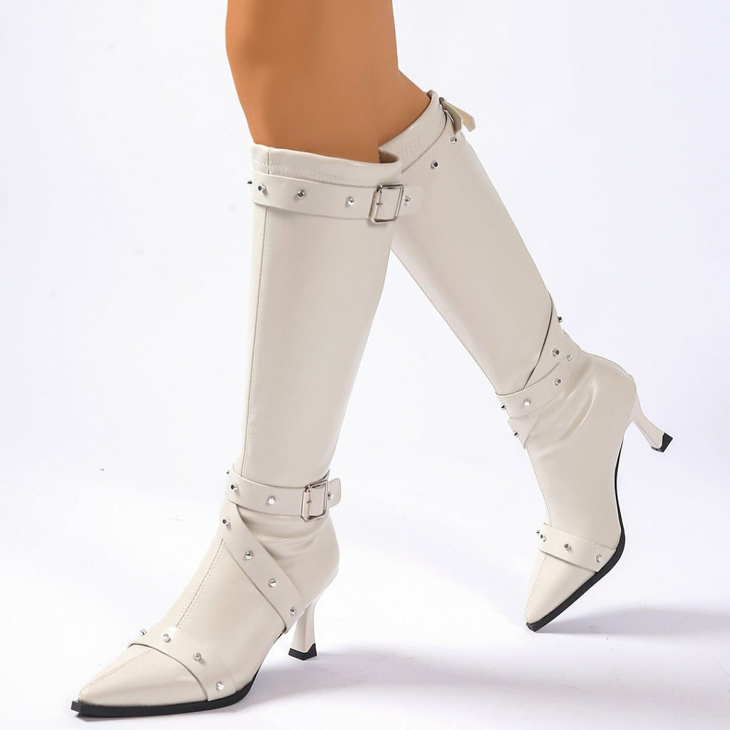 Lucetta | Knee High Heeled Boots with Buckle Straps for Women