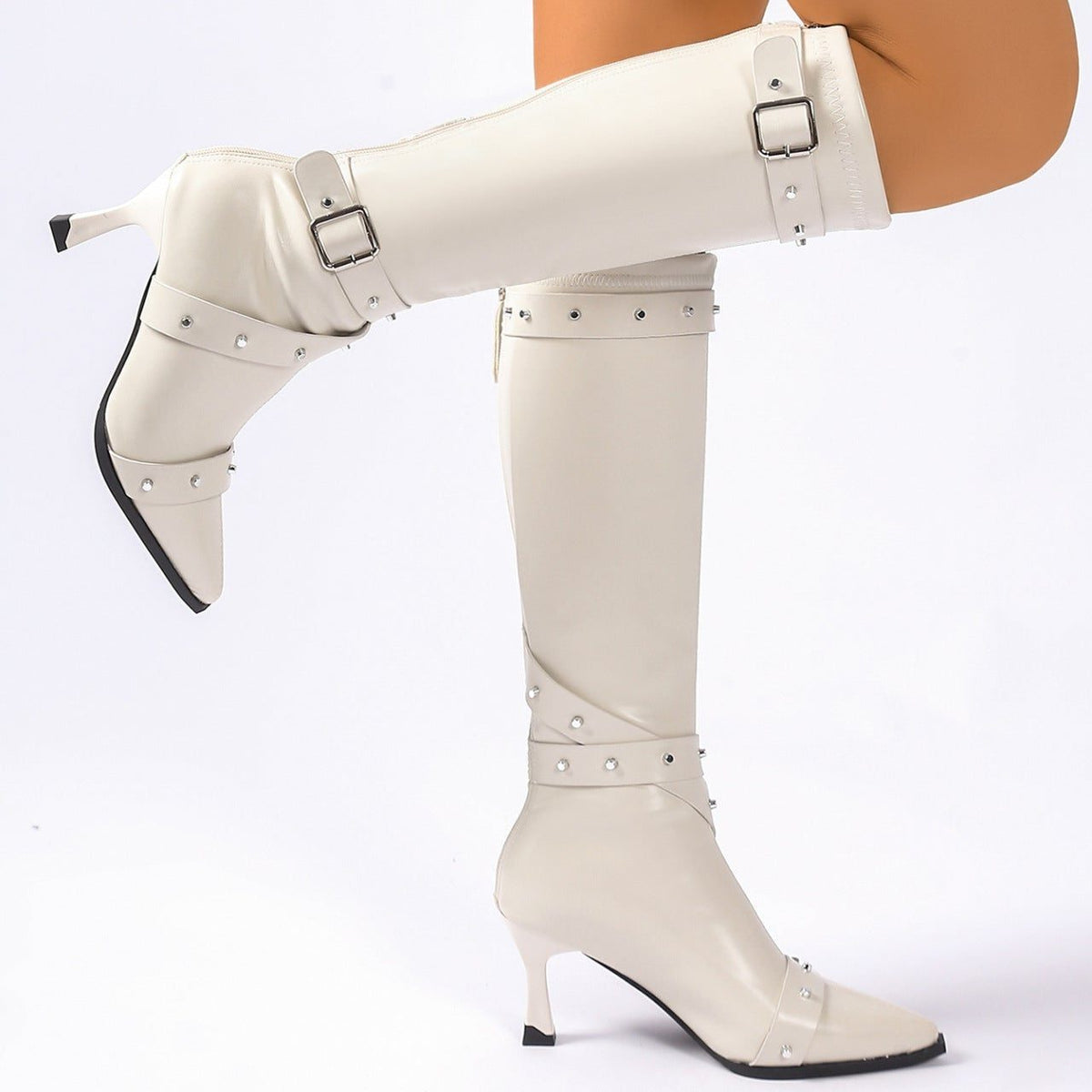 Lucetta | Knee High Heeled Boots with Buckle Straps for Women