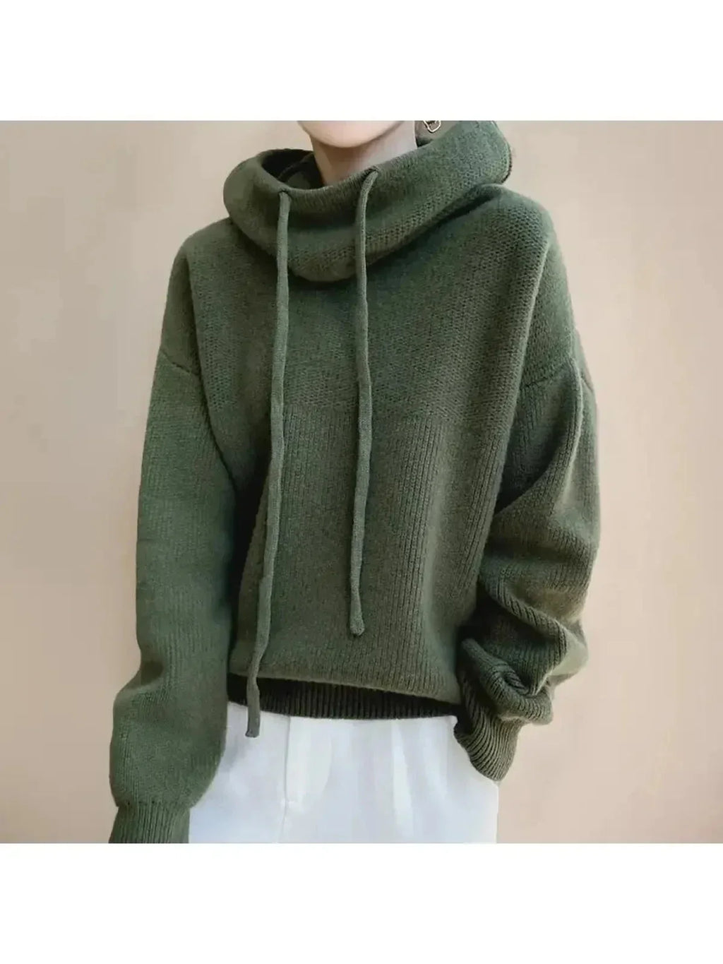 Women's Hooded Knit Sweater, Drawstring Neck, Ribbed Trims