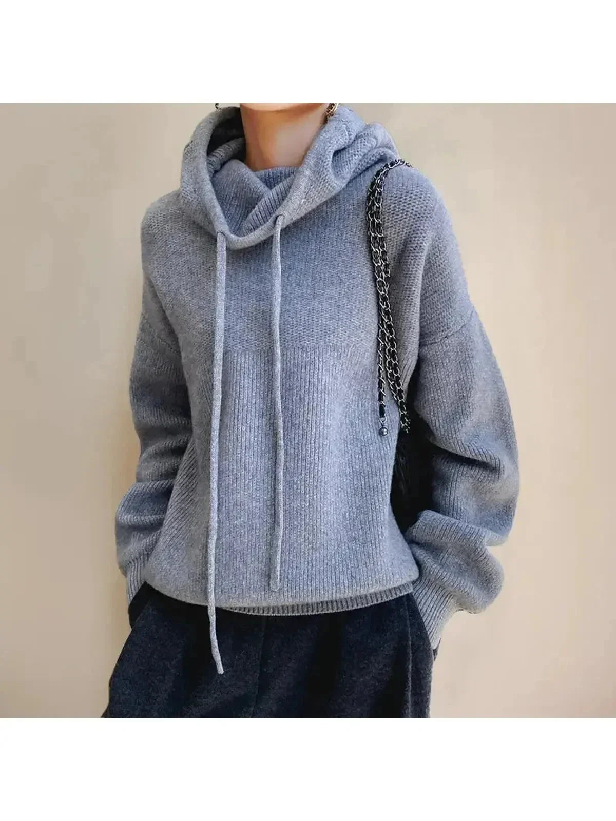 Women's Hooded Knit Sweater, Drawstring Neck, Ribbed Trims