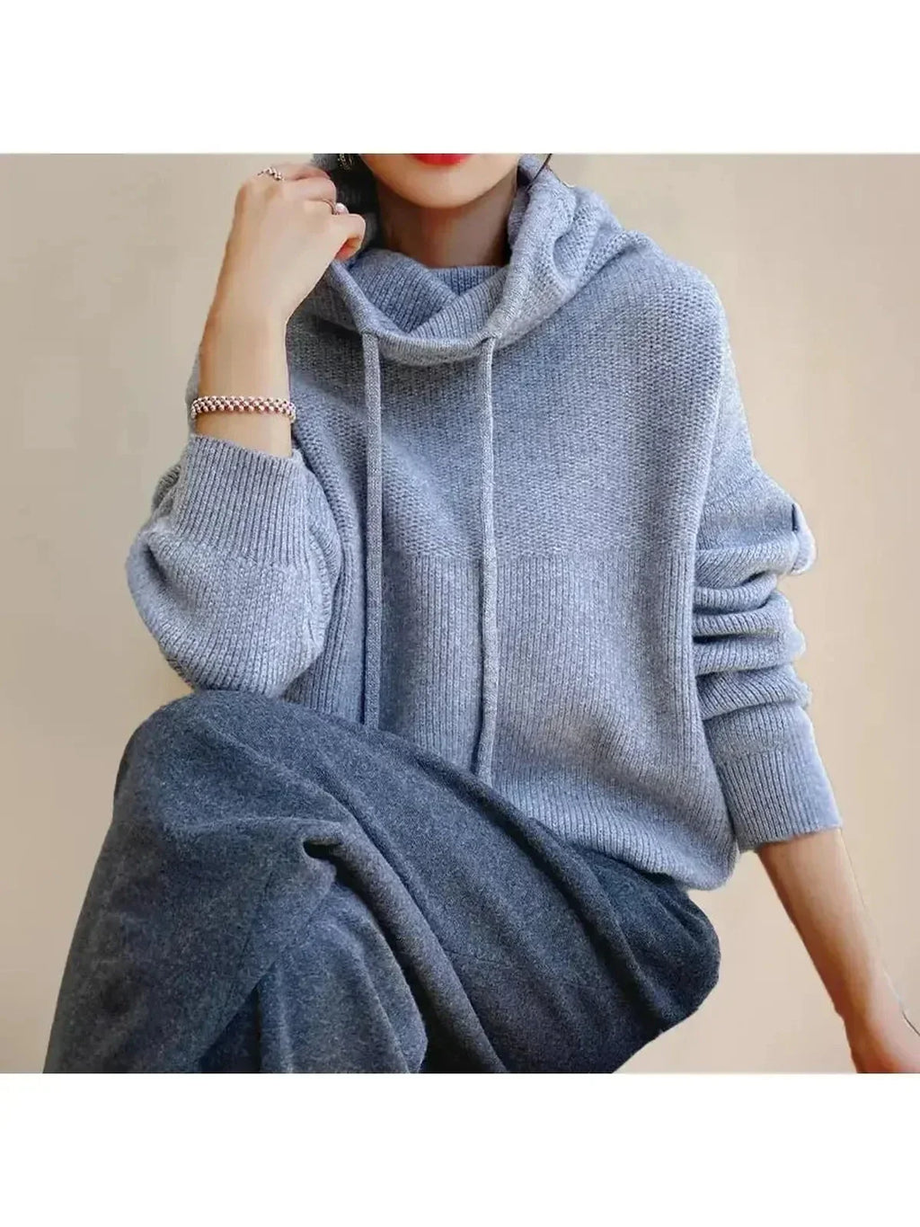Women's Hooded Knit Sweater, Drawstring Neck, Ribbed Trims