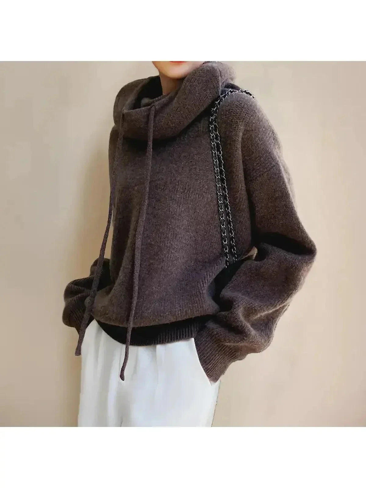 Women's Hooded Knit Sweater, Drawstring Neck, Ribbed Trims