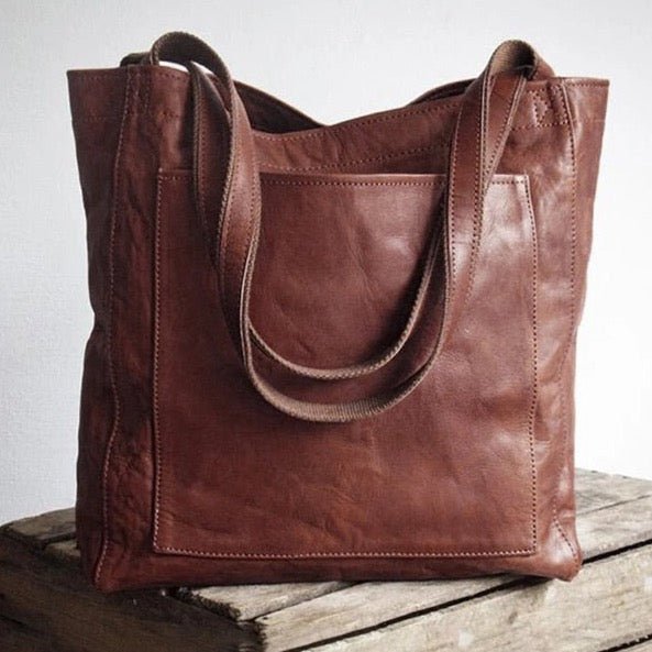 Women's Leather Tote Bag with Front Pocket and Handles