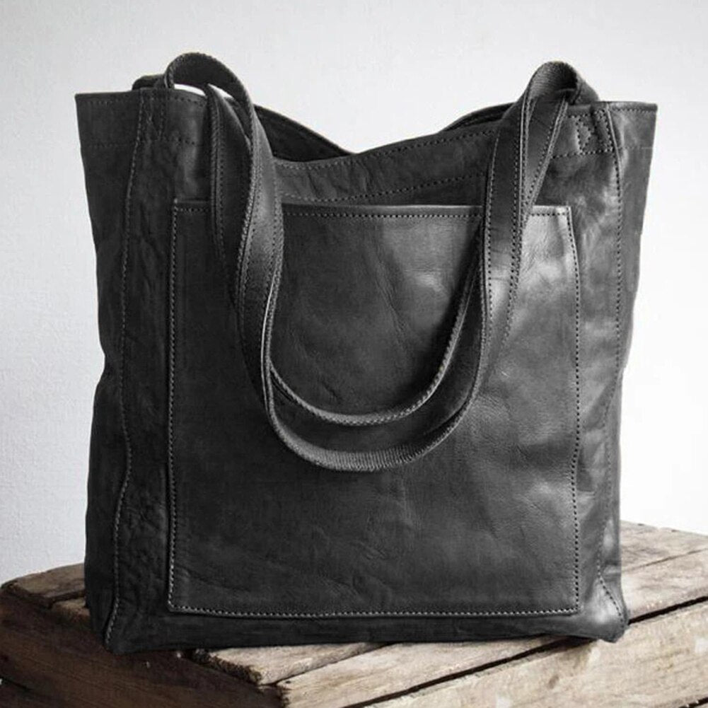 Women's Leather Tote Bag with Front Pocket and Handles