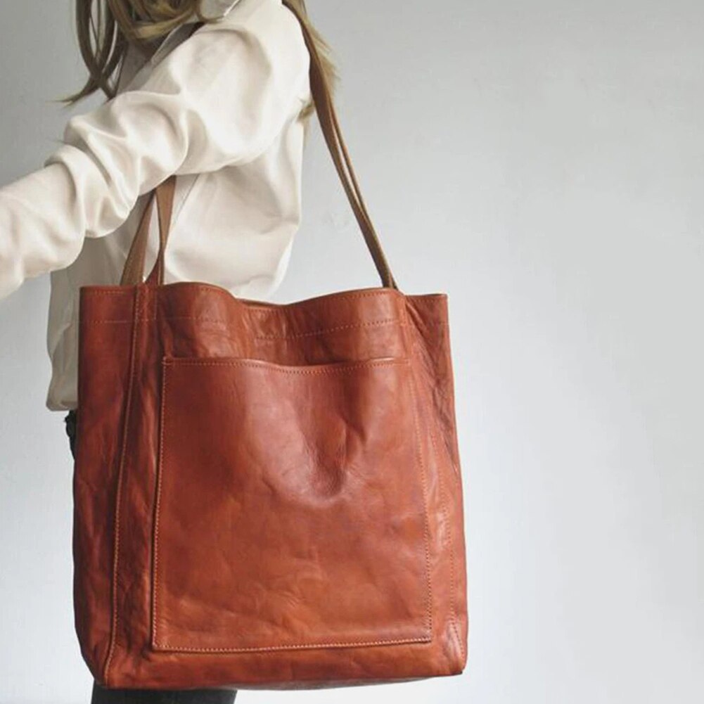 Women's Leather Tote Bag with Front Pocket and Handles