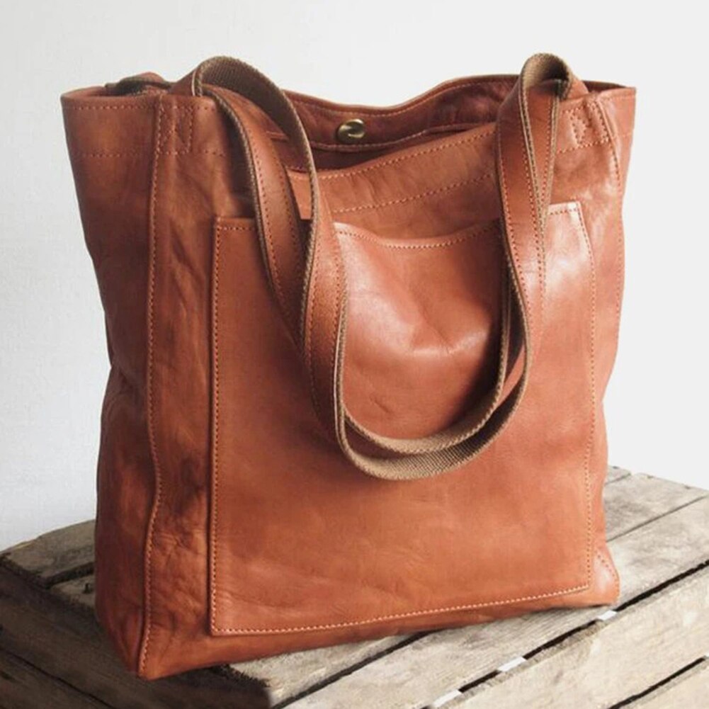 Women's Leather Tote Bag with Front Pocket and Handles