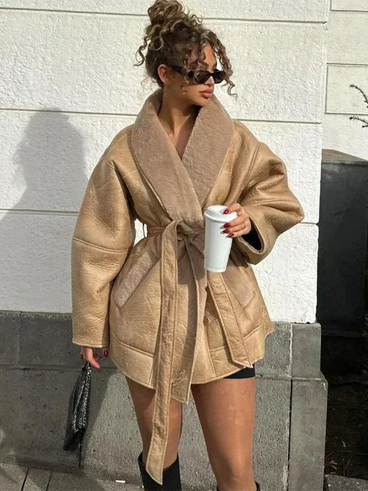 Women's Oversized Shearling-Trim Coat with Patch Pockets