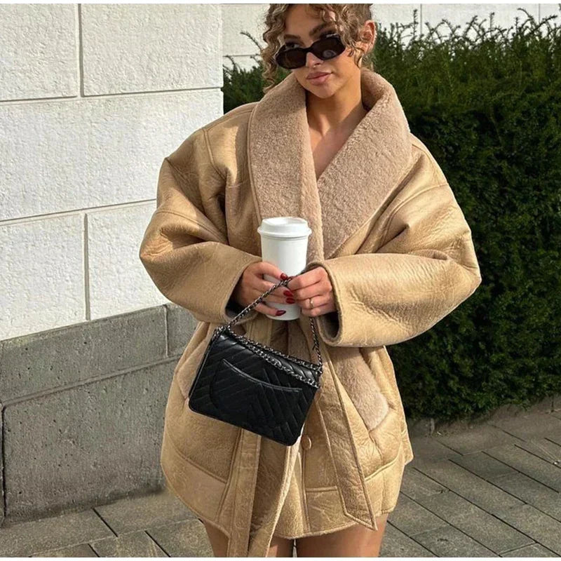 Women's Oversized Shearling-Trim Coat with Patch Pockets