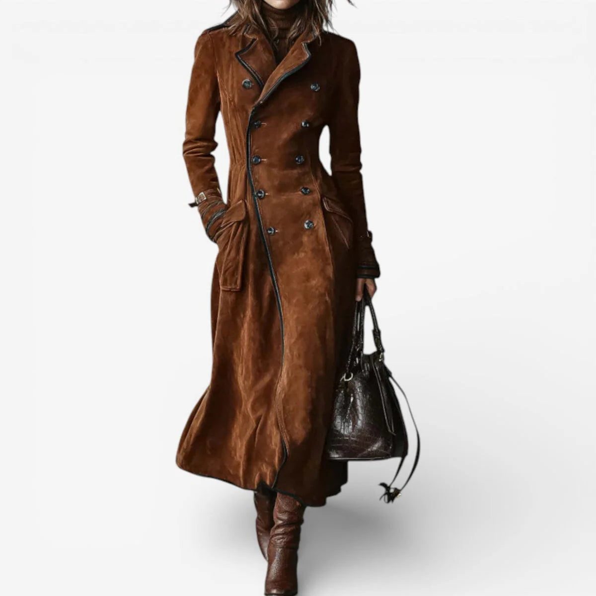 Lyric | Suede Long Trench Coat with Notched Lapel for Women