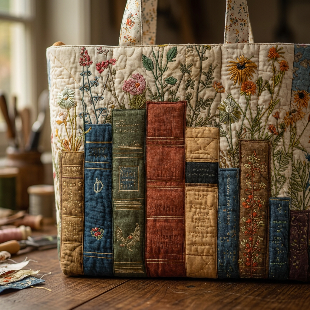 Quilted Floral Book Print Tote Bag, Embroidered Handles