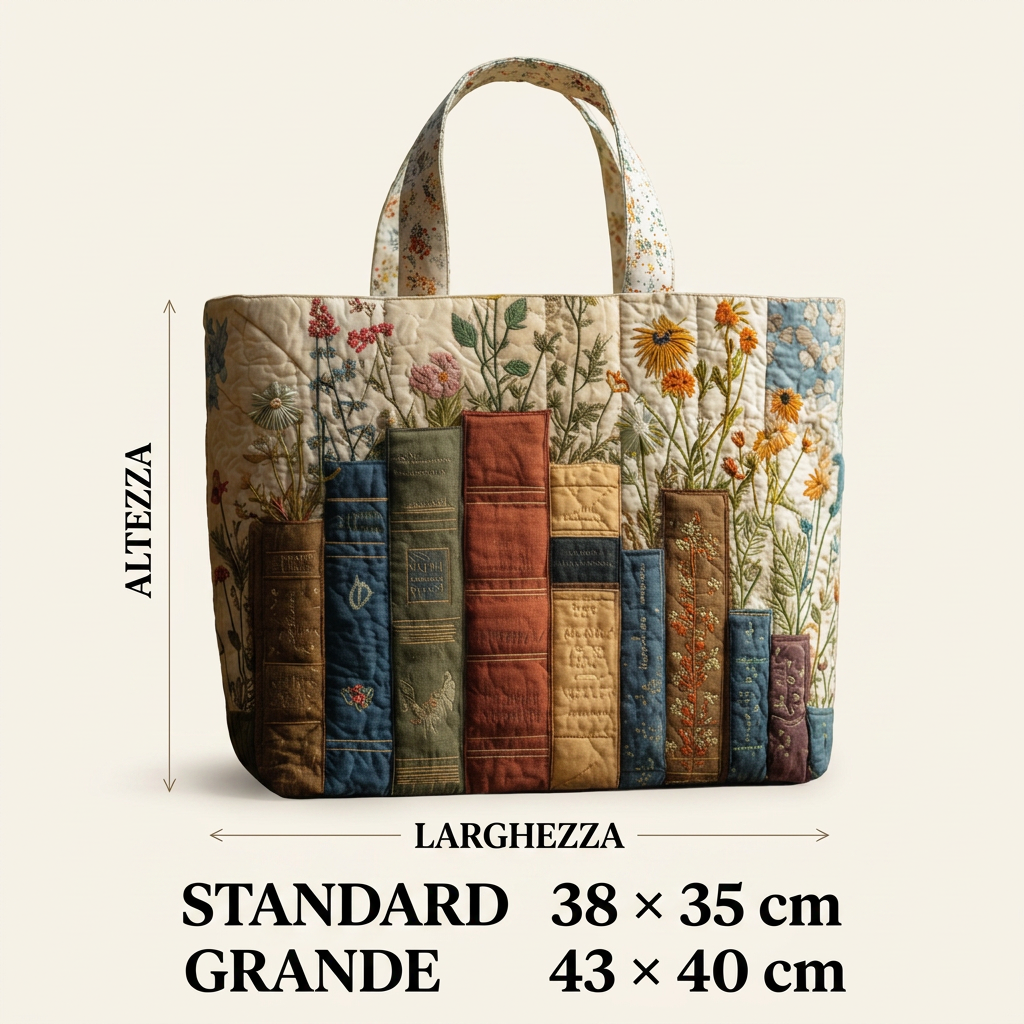 Quilted Floral Book Print Tote Bag, Embroidered Handles