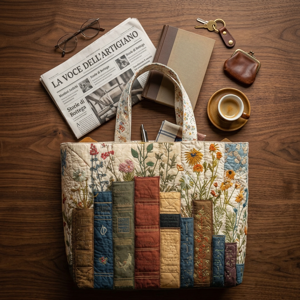 Quilted Floral Book Print Tote Bag, Embroidered Handles