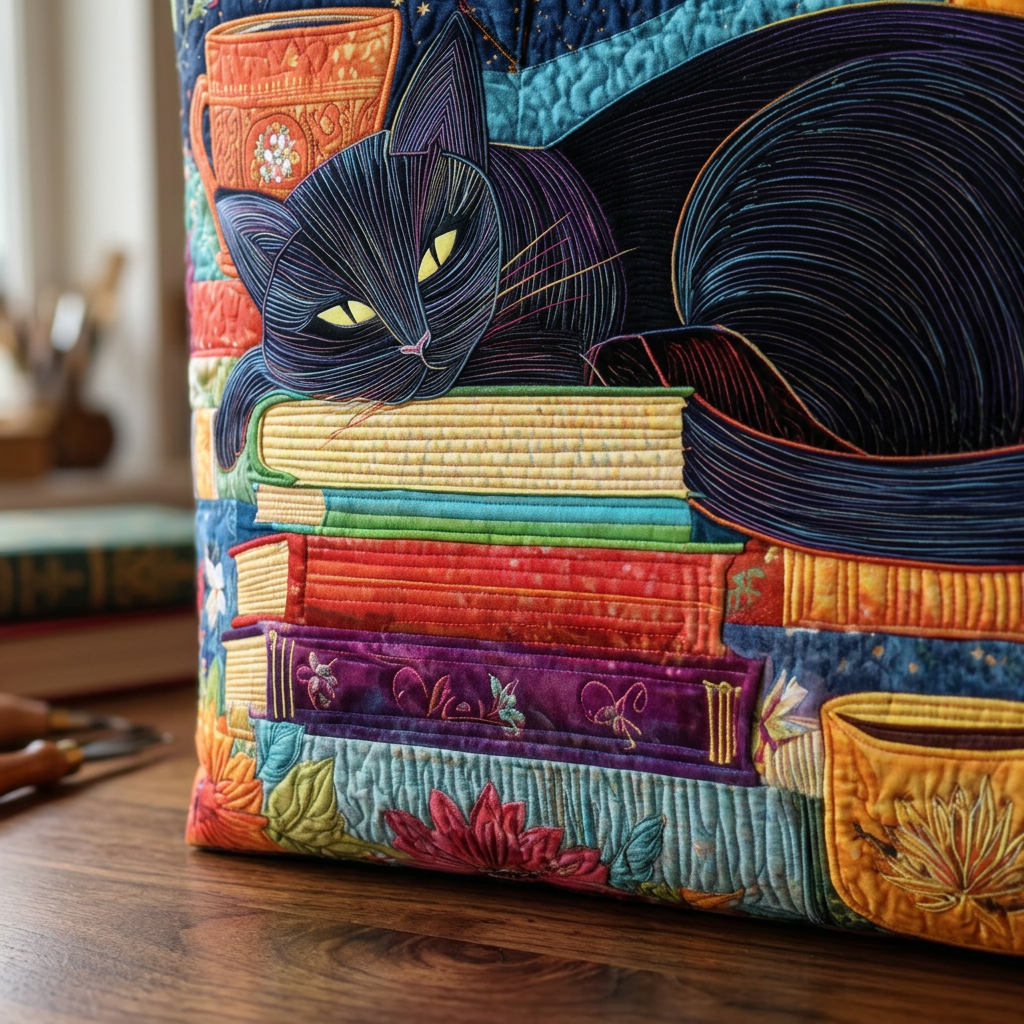 Women's Multicolor Quilted Tote Bag, Cat And Books Design