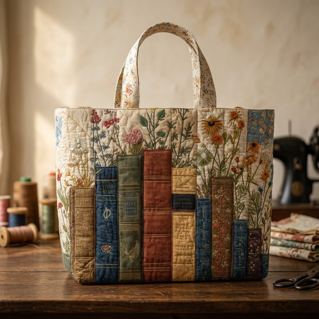 Quilted Floral Book Print Tote Bag, Embroidered Handles