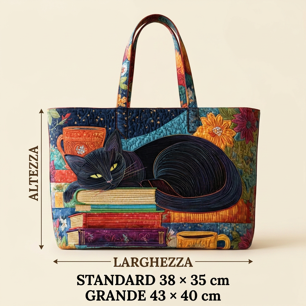 Women's Multicolor Quilted Tote Bag, Cat And Books Design