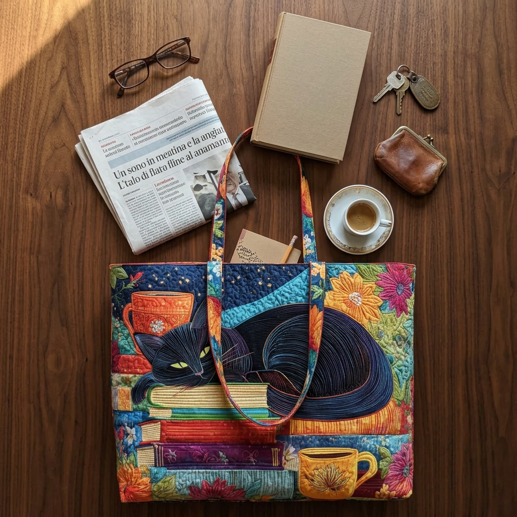 Women's Multicolor Quilted Tote Bag, Cat And Books Design