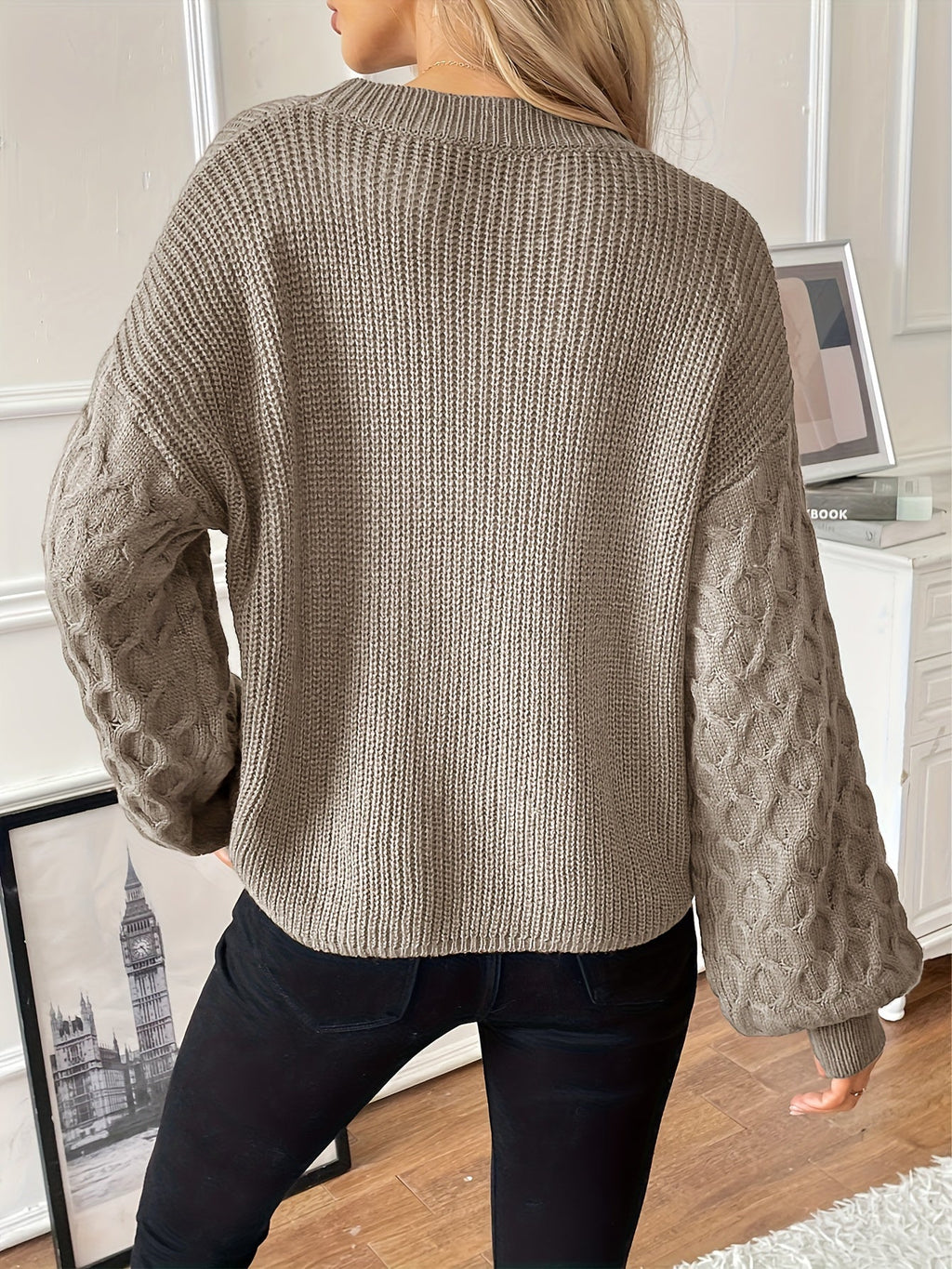 Women's Cable Sleeve Ribbed Sweater Crew Neck Relaxed