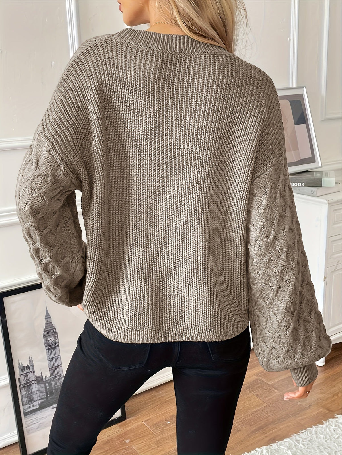 Women's Cable Sleeve Ribbed Sweater Crew Neck Relaxed