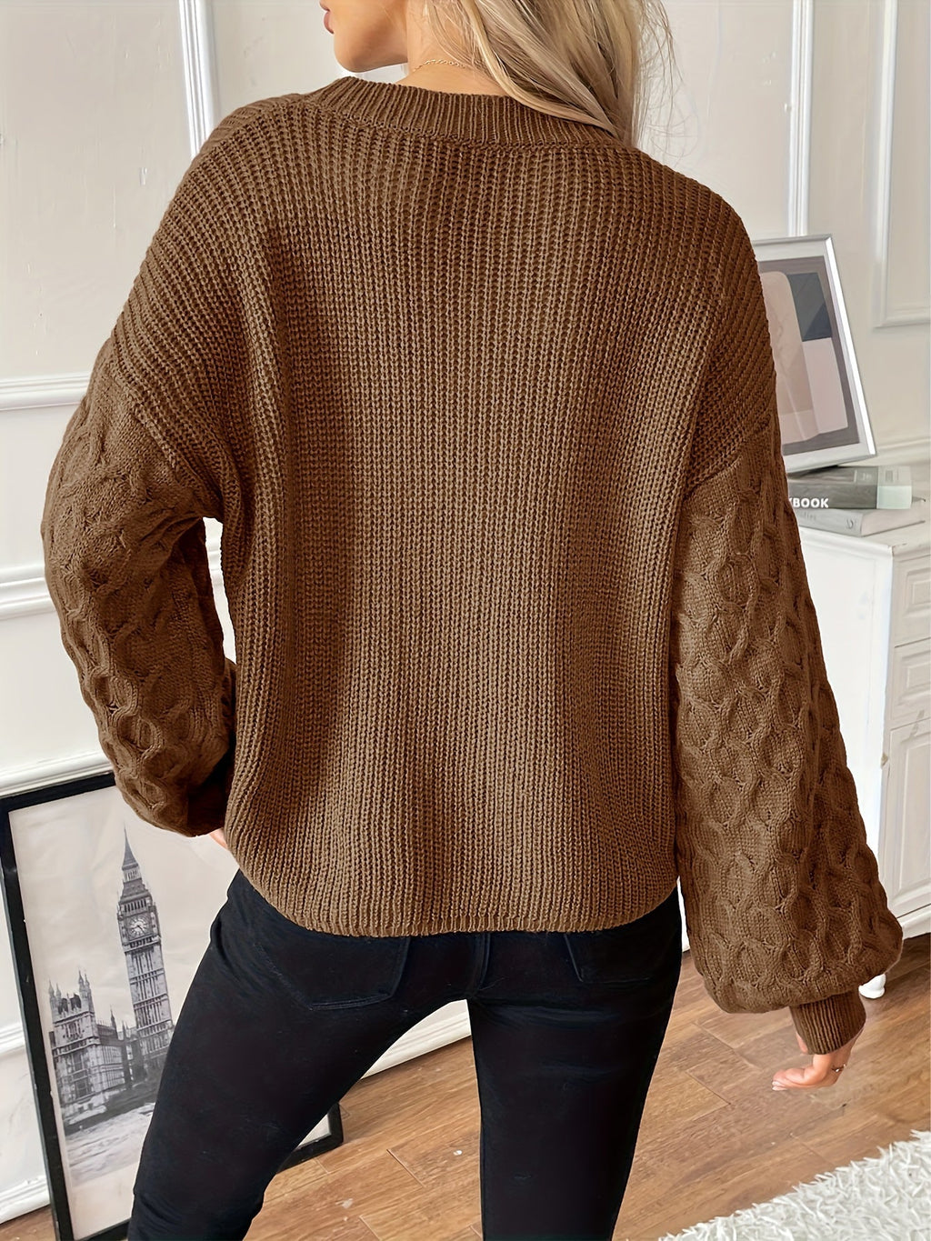 Women's Cable Sleeve Ribbed Sweater Crew Neck Relaxed