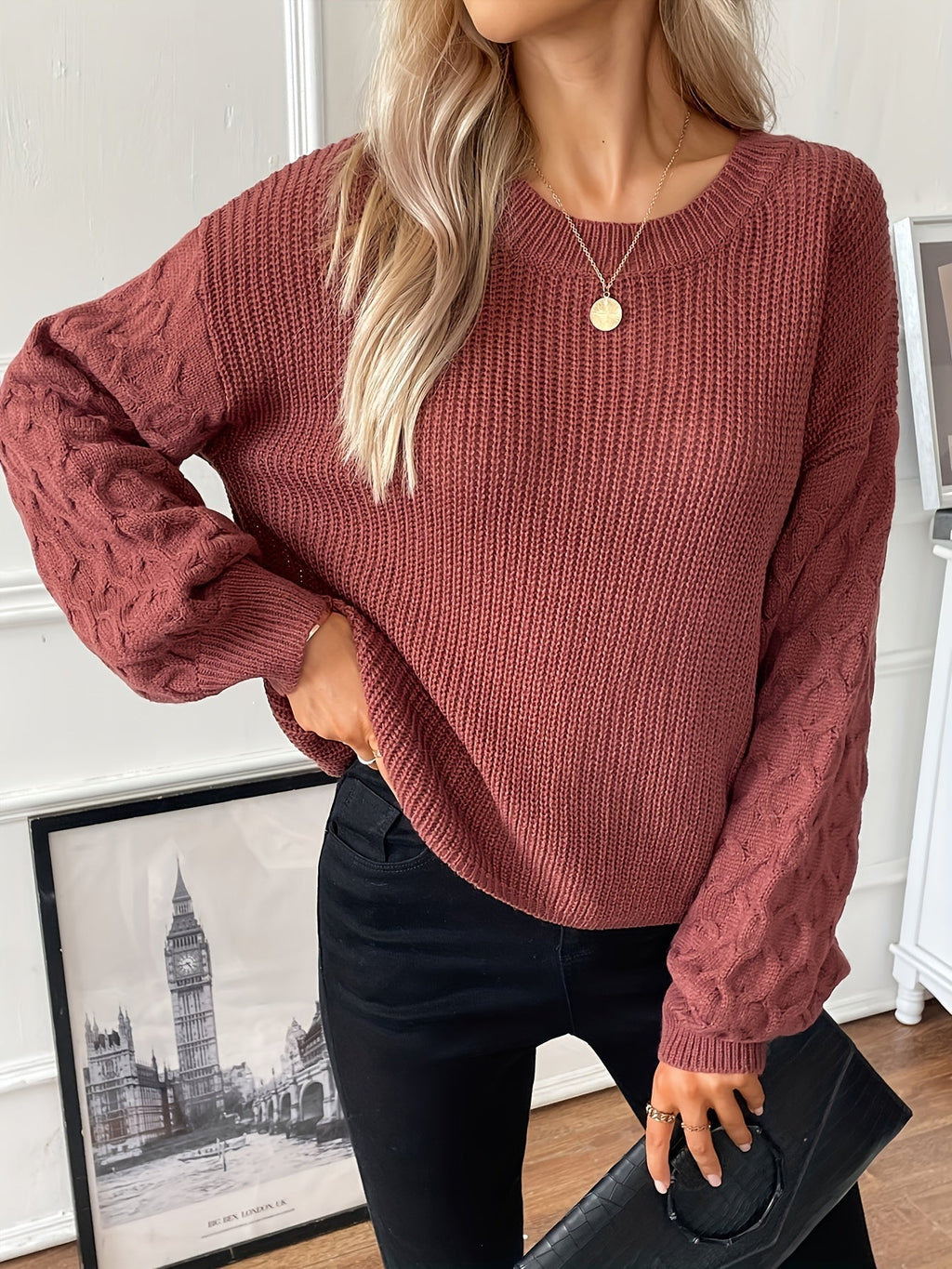 Women's Cable Sleeve Ribbed Sweater Crew Neck Relaxed