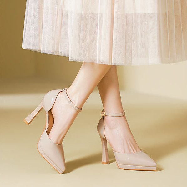 Marcelline | Block Heel Pumps with Pointed Toe and Ankle Strap for Women