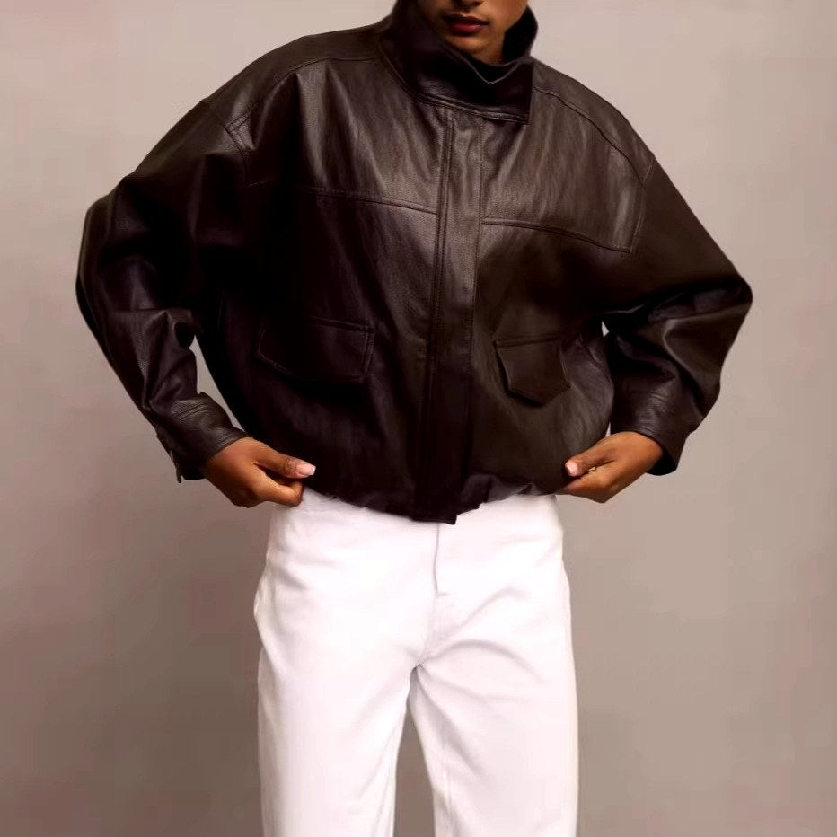 Marla - Women's Leather Oversized Cropped Jacket with Stand Collar