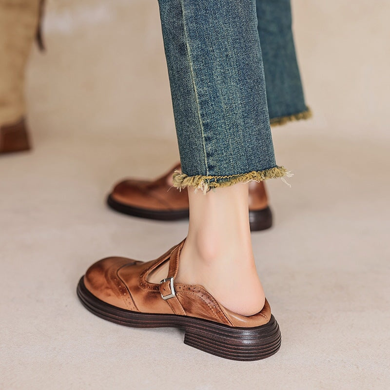 Women's Leather T-Strap Mary Jane Shoes with Brogue Detailing and Block Heel