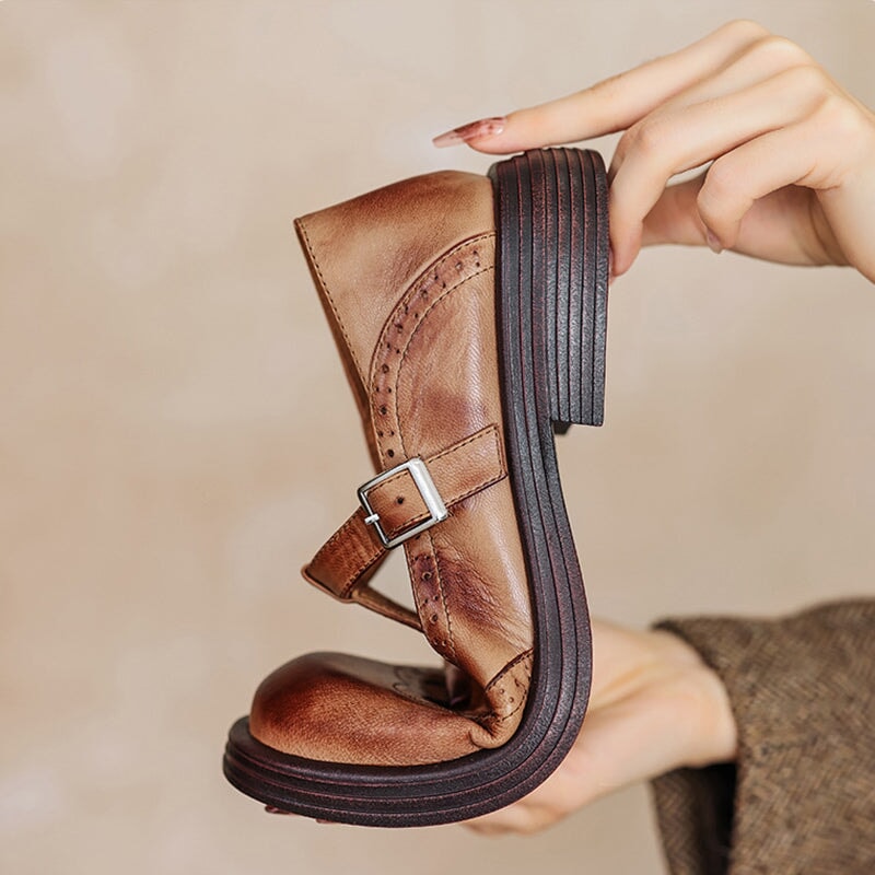 Women's Leather T-Strap Mary Jane Shoes with Brogue Detailing and Block Heel