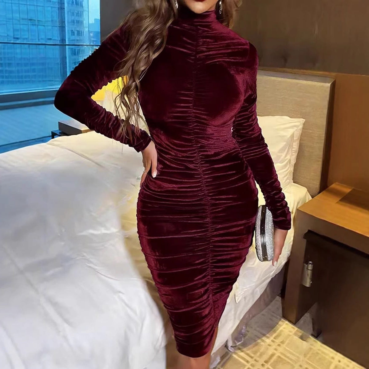 Maxima | Velvet Ruched Midi Dress for Women