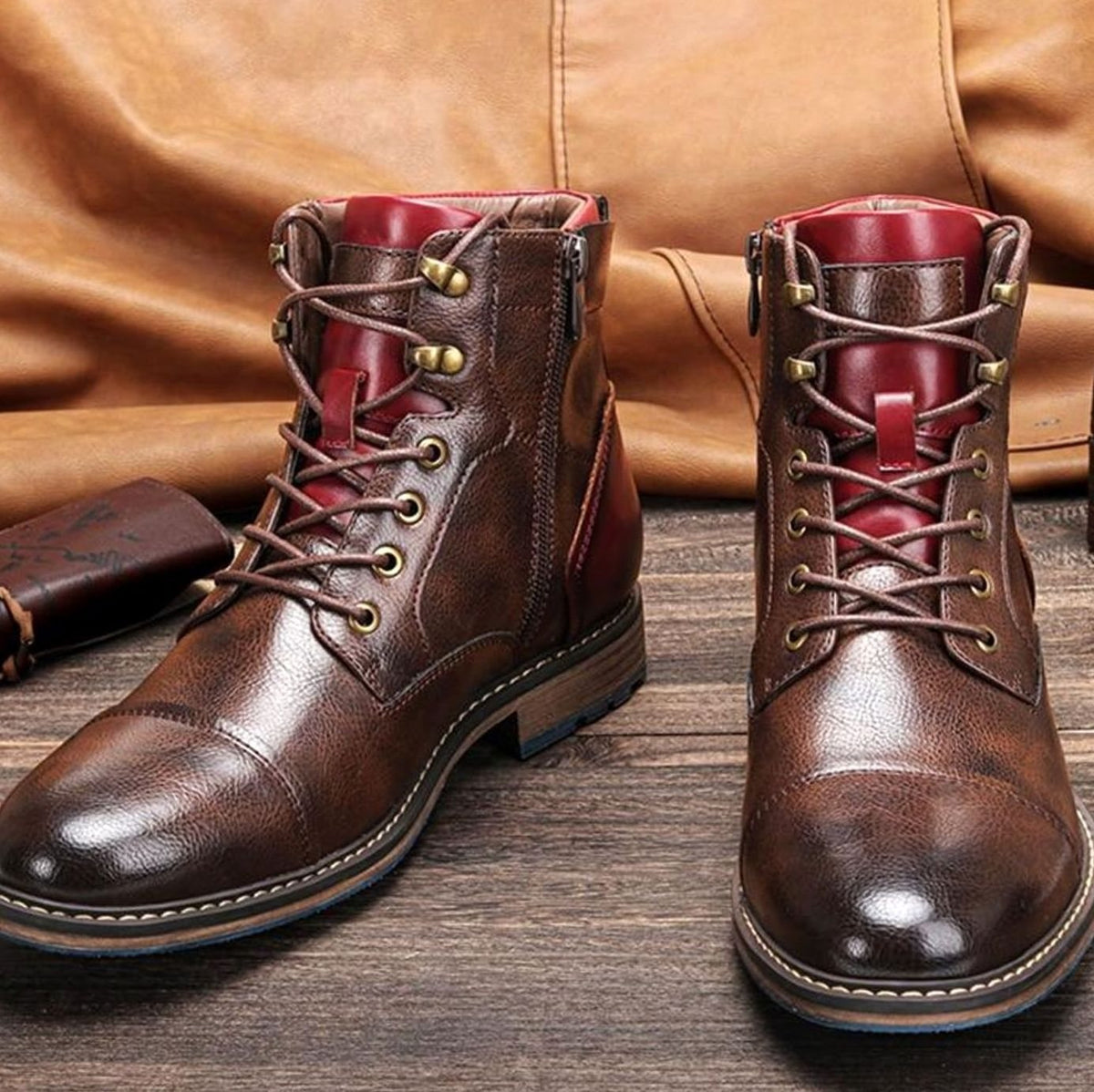 Men's Classic Zip Lace-Up Cap-Toe Leather Ankle Boots