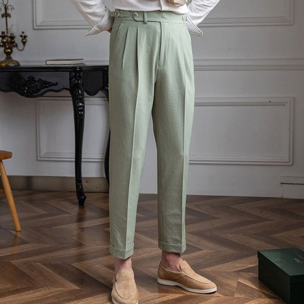 Men's High-Waist Tailored Pleated Trousers Cuffed Dress Pants