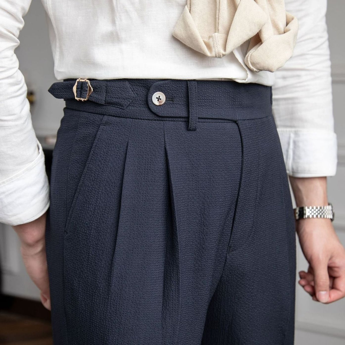 Men's High-Waist Tailored Pleated Trousers Cuffed Dress Pants