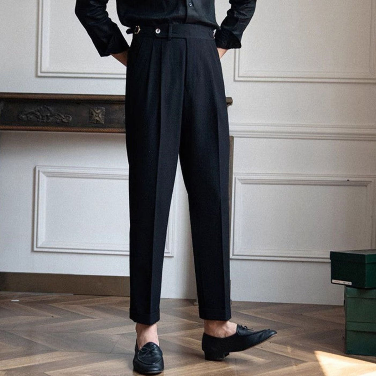 Men's High-Waist Tailored Pleated Trousers Cuffed Dress Pants