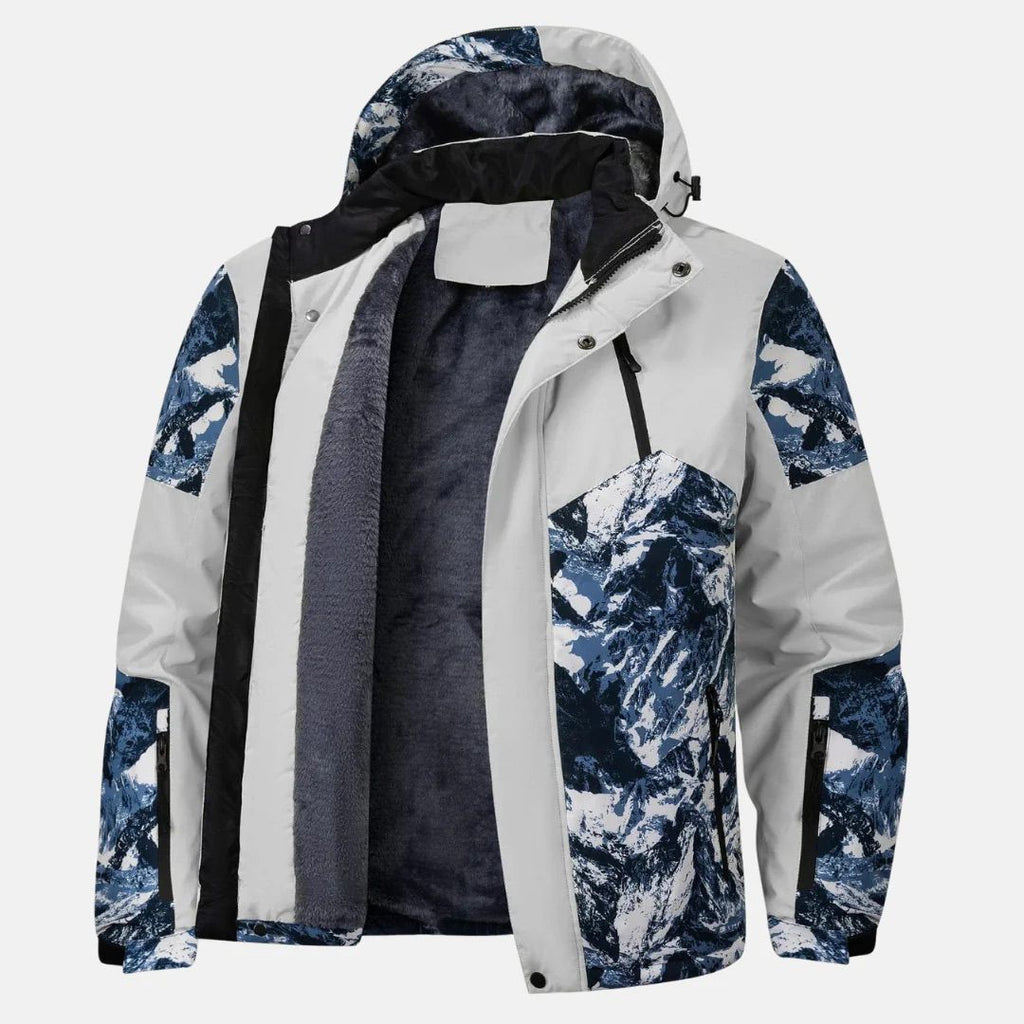 Men's Hooded Mountain Print Ski Jacket, Zip Front