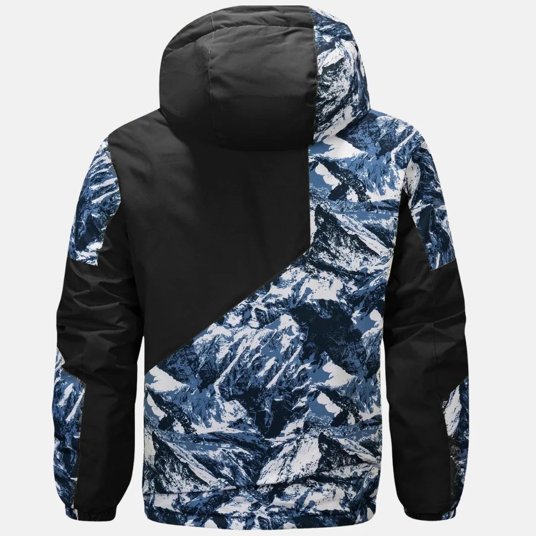 Men's Hooded Mountain Print Ski Jacket, Zip Front